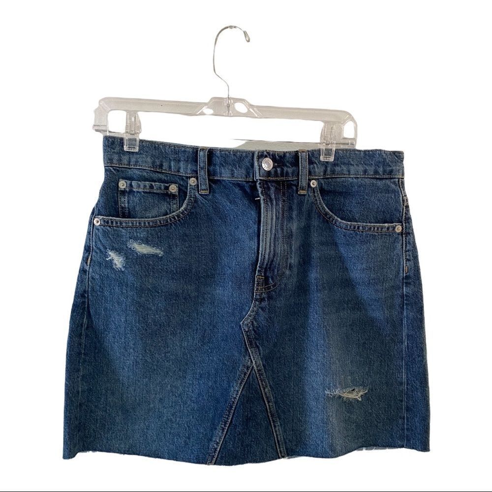 Everlane Distressed Denim Mini Skirt Size 30 Blue Y2K Ripped Indie